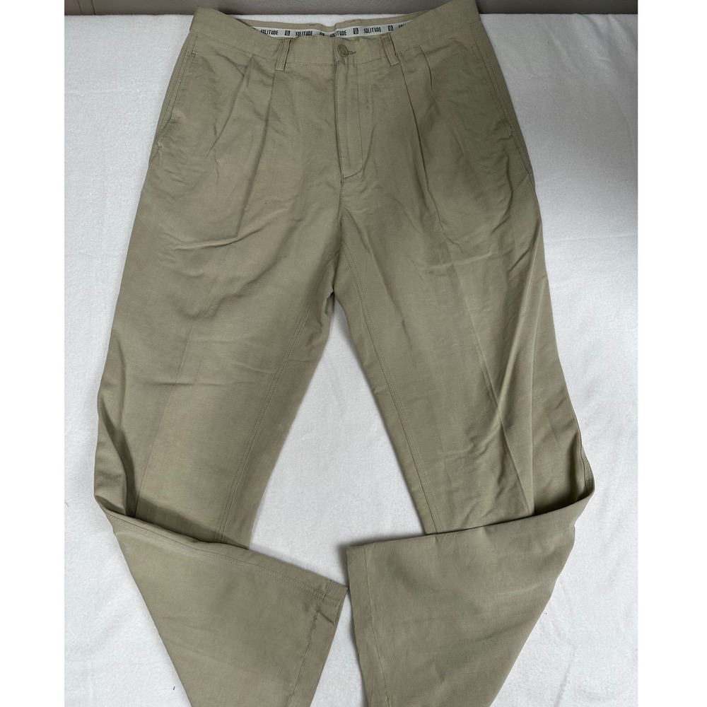 Solitude Mens 34x32 Beige Casual Pants Pleated Palm Print‎ Lined Lightweight